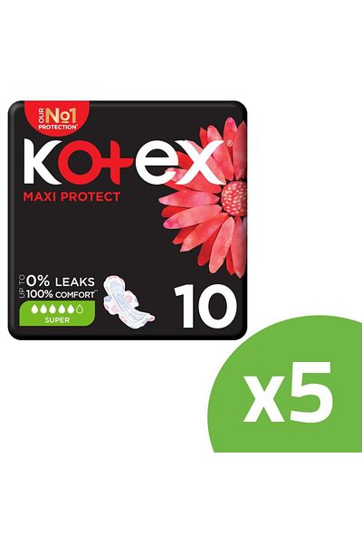Kotex Maxi Protect Thick Pads, Super Size Sanitary Pads with Wings, 10 Sanitary Pads ( 5 Packs )