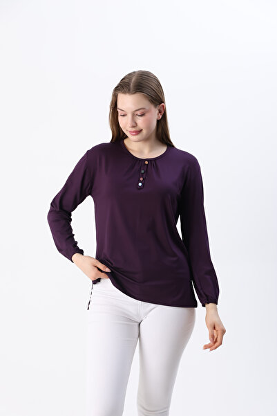 ziend fashion Kadın Likralı Orta Yaş Ve Üzeri Dört Mevsim Mor Anne Penye Bluz Düğme Desenli Lastikli Kol