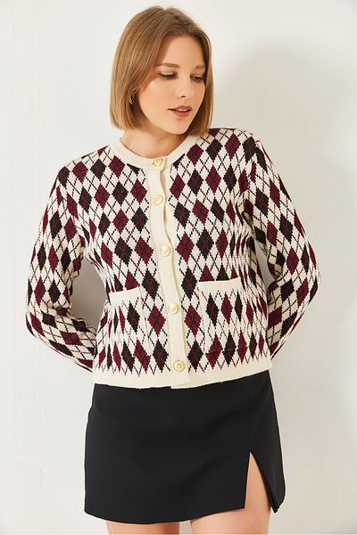Bianco Lucci Women's Diamond Patterned Pocket Knitwear Cardigan 20247581