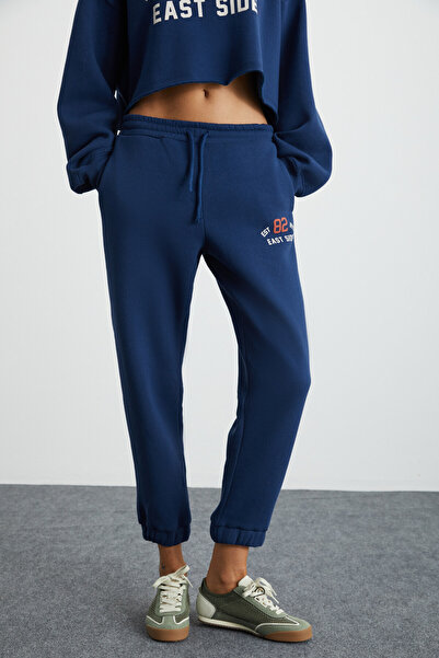 GRIMELANGE Gloryy Kadın Comfort Fit Baskı Detaylı Lastikli Paça Organik Pamuklu Lacivert Eşofman Takımı