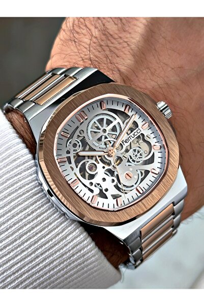 Ferrucci Tam Otomatik Gümüş-Bakır Renk Çelik Kordon Erkek Kol Saati