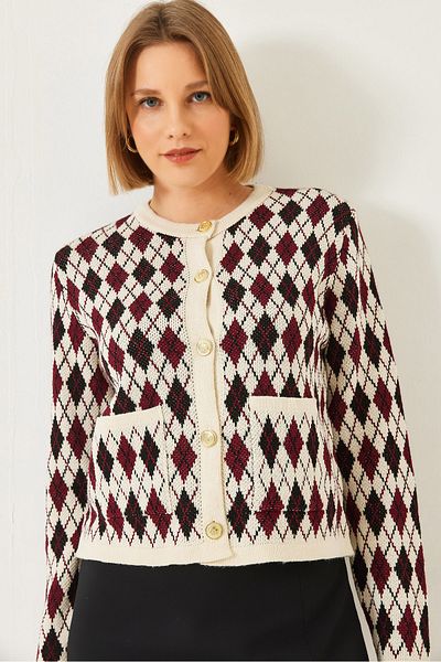Bianco Lucci Women's Diamond Patterned Pocket Knitwear Cardigan 20247581