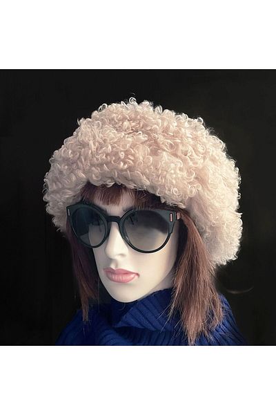 Shark Anatolia Handmade 100% Wool Curly Cream Fur Women's Real Leather Hat