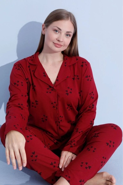 pijamacity Büyük Beden Kadın Bordo Uzun Kollu Pamuklu Önden Düğmeli  Pijama Takımı