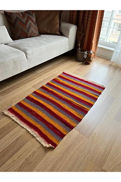 DesignEv 91x151 cm Çizgili Kırmızı-Sarı Kilim Halı, Yıkanabilir Ev & Ofis Hal...