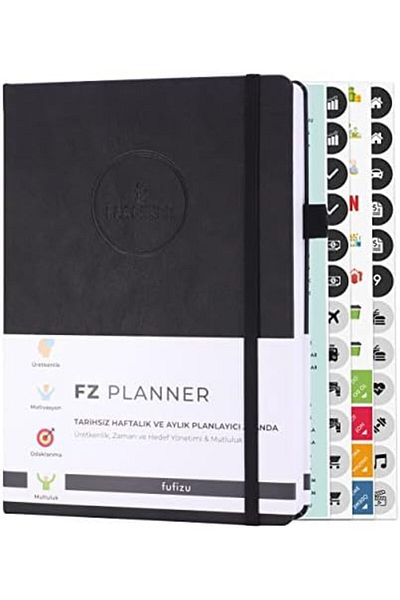 NcK Black Leather Fz Planner - Undated Weekly Planner Agenda