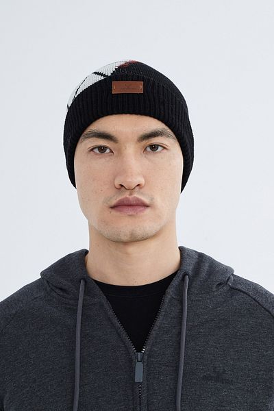 Nordbron Men's Black Soft Patterned Beret Color-Blocking Stretchy Double-Fold Winter Basic Knitwear Pegas