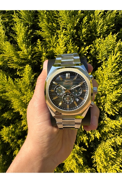 Slazenger 50 Metre Su Geçirmez Gümüş Metal, Yeşil Siyah Çizgili Kadranlı,Çeli...