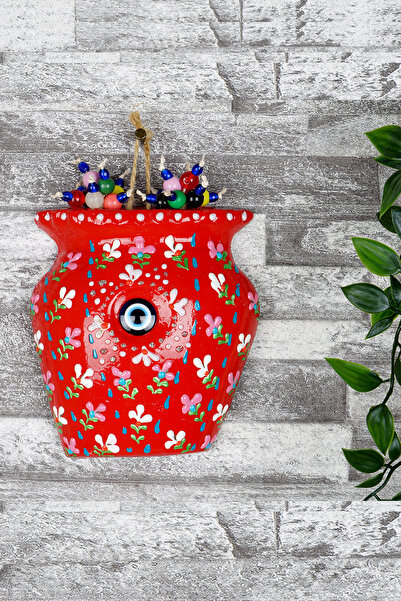 Tile Patterned Embroidered Evil Eye Beaded Colorful Half Wall Pot