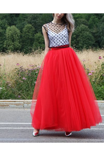HSNLİFE Red 3 Layer 105 cm Length Puffy Tulle Skirt Special Occasion Invitation Organization Wedding Engagement Skirt