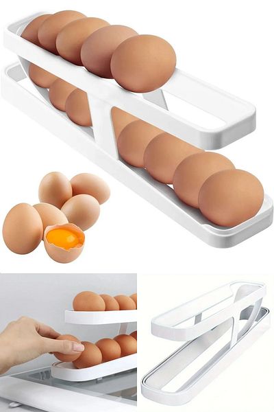 omilife 2 Tiers Automatic Refrigerator Egg Stand Egg Cup Rack