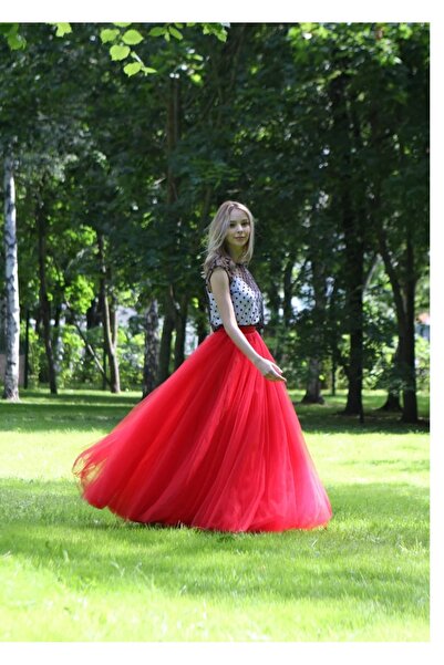 HSNLİFE Kırmızı 3 Katman 105 Cm Boy Kabarık Tül Etek Özel Gün Davet Organizasyon Düğün Nişan Etek