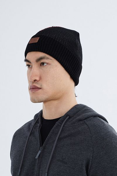 Nordbron Men's Black Soft Patterned Beret Color-Blocking Stretchy Double-Fold Winter Basic Knitwear Pegas