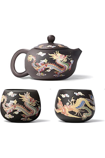AZONEE El Yapımı Çin Ejderhası Çay Takımı - Renk Değiştiren Mor Kil Çaydanlık...