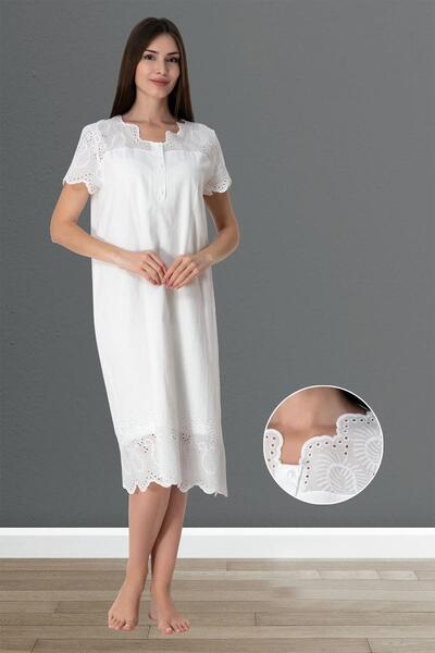 Pelin Kadın Ekru Fisto Keten Dantelli Lohusa Hamile Gecelik