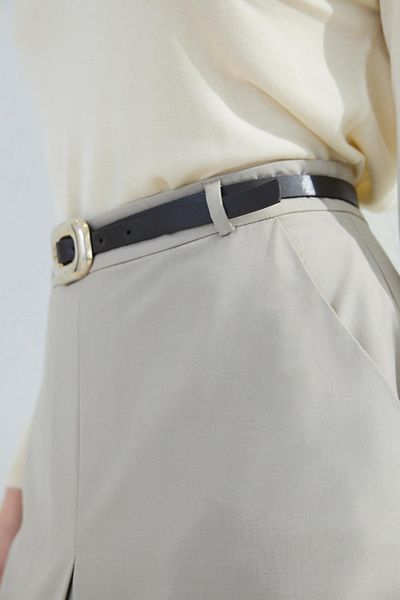 Setre Beige Waist Belted Midi Skirt with Single Pleat Detail