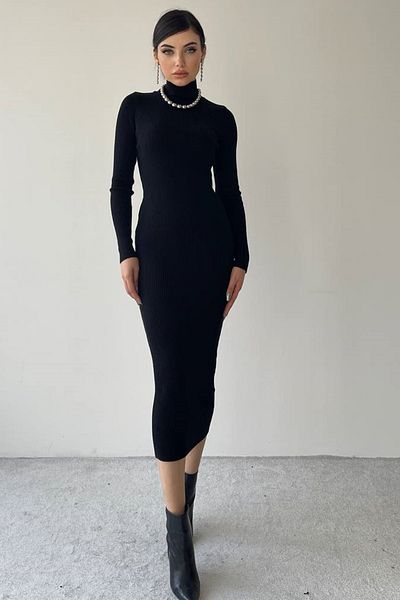 barış sülün lovebox Tricotaj de damă, țesătură, guler, mânecă lungă, rochie neagră midi 308