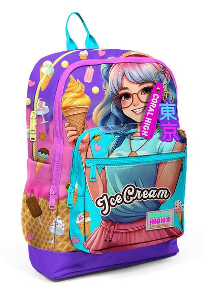Coral High Rucsac de școală cu patru compartimente pentru înghețată turcoaz liliac și anime 23773