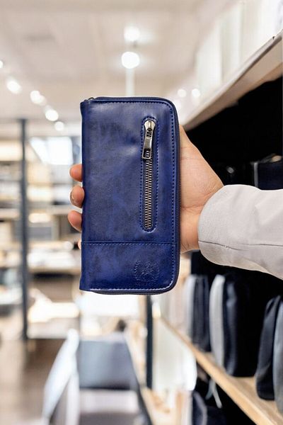 KAFF Blue Front Zippered Faux Leather Phone Holder Card Holder Wallet