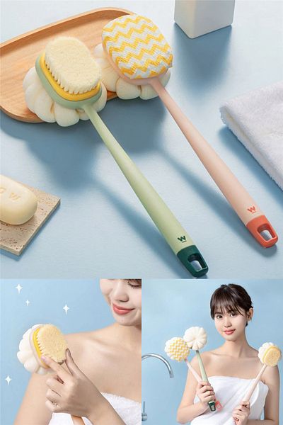 omilife 2 in 1 Shower Body Brush with Bristle and Fiber Cover Long Handle Practical Back Cleaning and Massage Brush