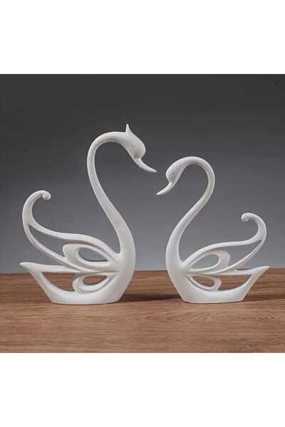 rakaymu Büyük Boy Dekoratif İkili Kuğu Biblo Obje Heykel Seti