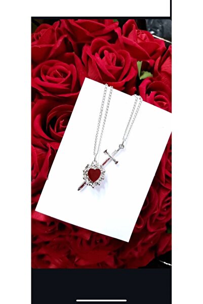 Herşey Nota Gotik Kalp İkili Çift Kalp Kılıç Kolye Arkadaşlık Kolyesi 925 Aya...