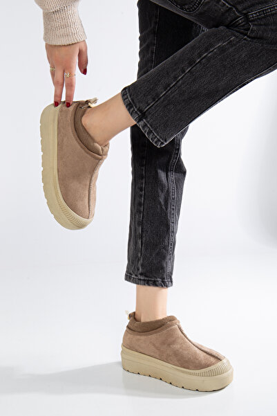 Genetti Kalın Tabanlı Yuvarlak Burunlu İçi Tüylü Süet Yarım Bot