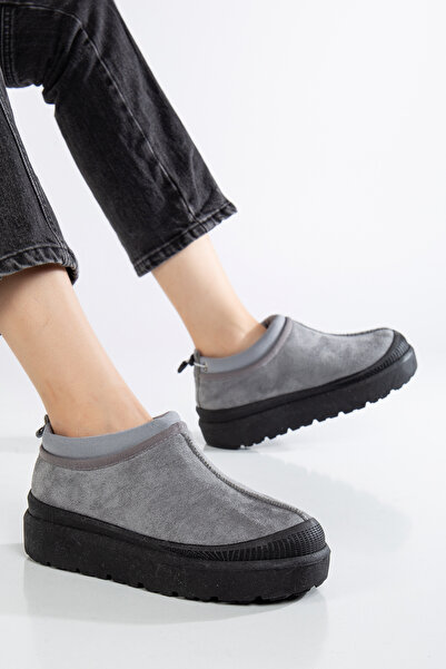 Genetti Kalın Tabanlı Yuvarlak Burunlu İçi Tüylü Süet Yarım Bot