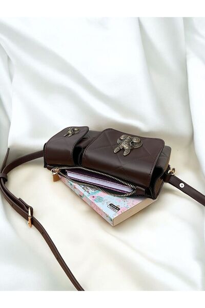 Katusa Women's Brown Quilted Squirrel Accessory Detailed Design Baguette Bag