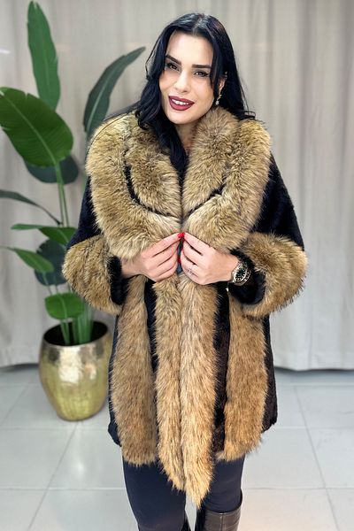 GÖKSEL Stripe Detailed Premum Fur Coat - Black