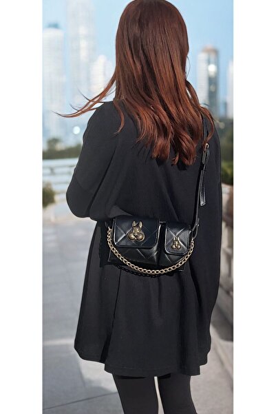 Katusa Women's Black Quilted Squirrel Accessory Detailed Design Baguette Bag