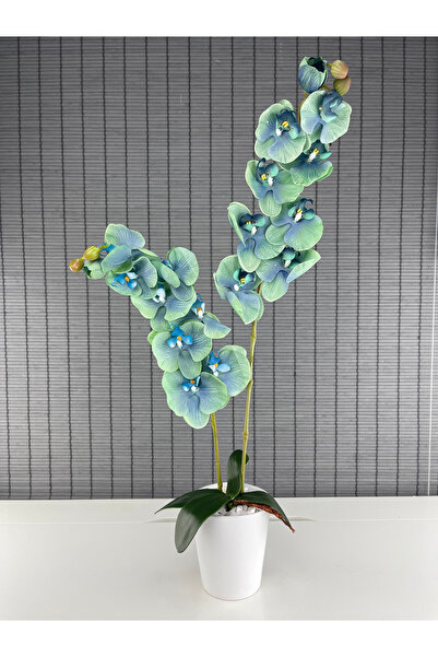 Bahçem Yapay Çiçek Plastik Saksıda 2li Orkide Mavi-Su Yeşili 70 Cm