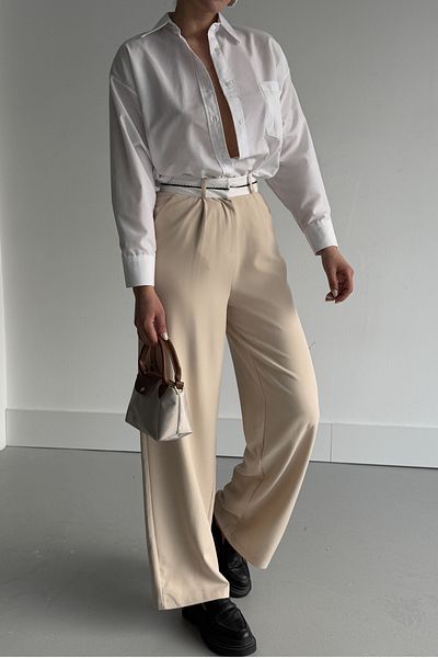 MODAGEN Pantaloni largi de damă, bej, cu centură, talie înaltă