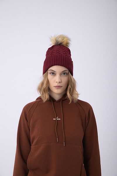 Nordbron Claret Red Women's Knitwear Deely - Soft Textured, Fur Pompom, Basic Model with Logo Detail