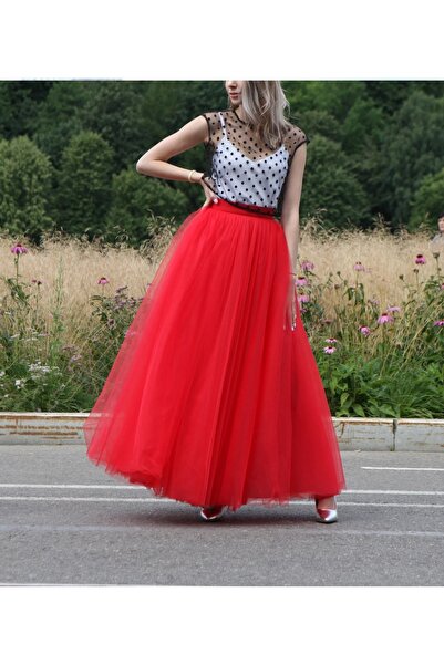 HSNLİFE Kırmızı 3 Katman 105 Cm Boy Kabarık Tül Etek Özel Gün Davet Organizasyon Düğün Nişan Etek