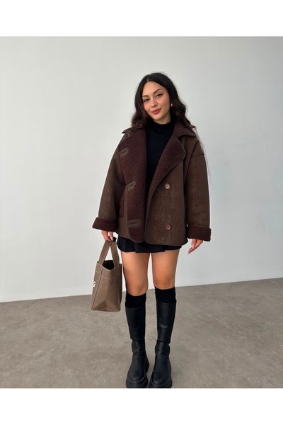 Ekim Store Çoban Düğmeli Peluş Lamine Mont