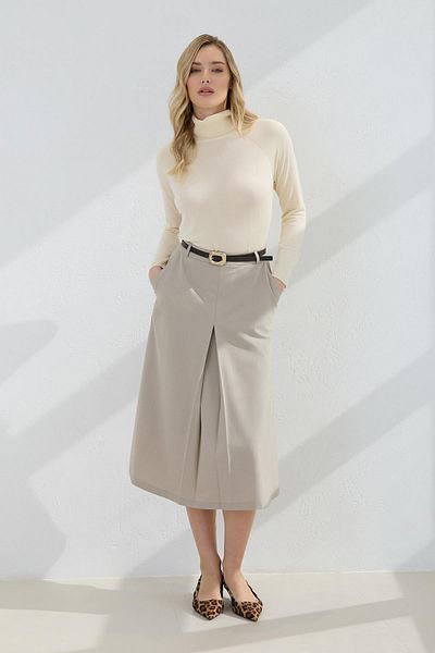 Setre Beige Waist Belted Midi Skirt with Single Pleat Detail