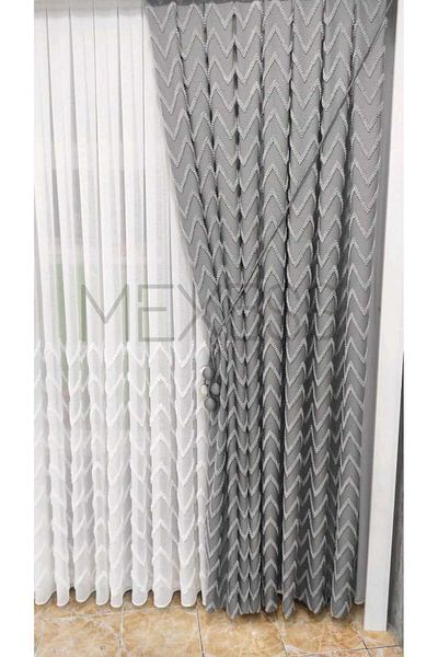 Mexess High Gramage Zigzag Pattern Linen Cotton Floor Background Curtain - 1/3 Close Pleat