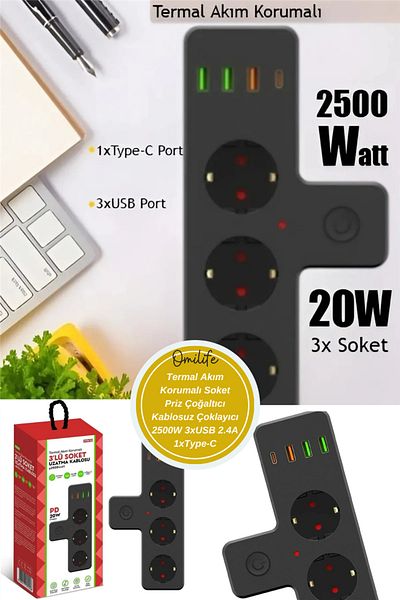omilife Thermal Current Protected Socket Receptacle Coupler Wireless Multiplexer 2500W 3Xusb 2.4A 1Xtype-C