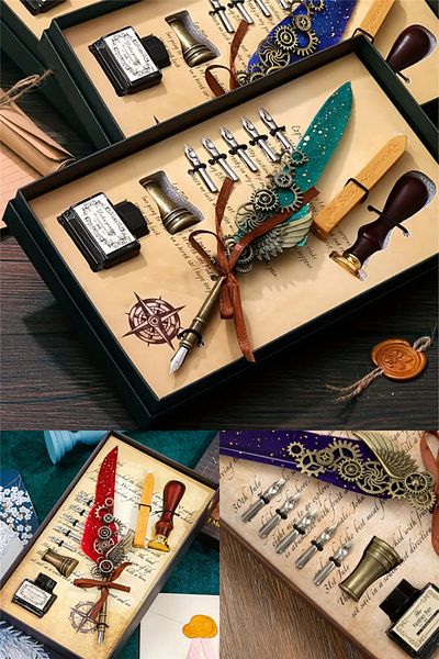 omilife Professional Dip Inkwell Pen Set - Decorative Calligraphy Pen with Bird Feathers and Seal