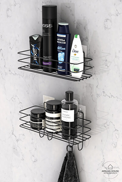 ARSLAN HOUSE 2li Set Şampuan Rafı Ve 4lü Askılık Siyah Banyo Sabunluk Organiz...