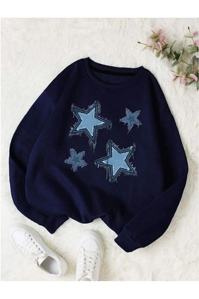 PALPİTO Women's Navy Blue Light Star Printed Crew Neck Oversize Sweatshirt