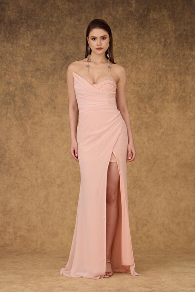 BUTİK KORİDOR Drapeli Straplez Uzun Şifon Elbise