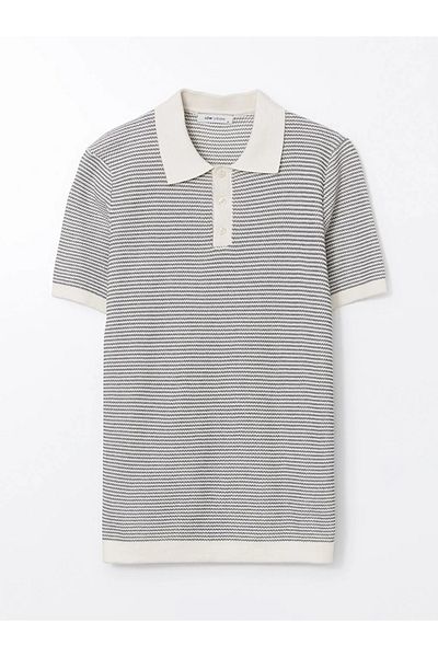 LC Waikiki Ανδρικό πλεκτό πουλόβερ LCW Vision Khaki Polo με κοντό μανίκι ριγέ