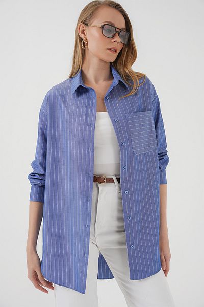 Bigdart 20217 Gestreiftes Oversize-Hemd mit Taschendetail - Indigo