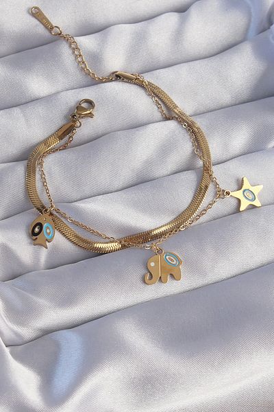 Skygo 316L Steel Gold Color Double Chain Bracelet with Multiple Accessories - Tj-Bb6180