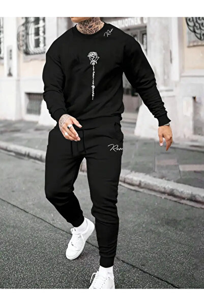 Nebulaa Tekstil Nebulaa Rose Pattern Relaxed Fit Sweatshirt and Jogger Set