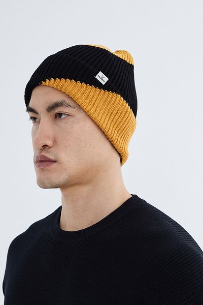 Nordbron Men's Black Knitwear Color-Blocking Soft Beret with Logo Stretchy Winter Double-Fold Basic Tause