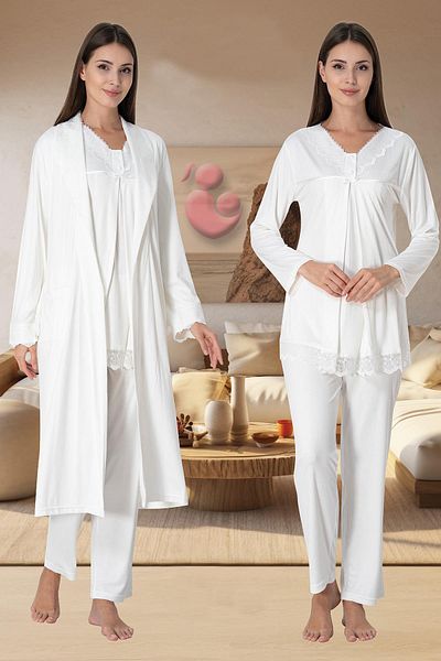 LOHOUSE Set halat și pijama pentru femei Ecru - mânecă lungă, bumbac, set de 4