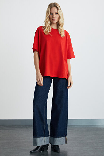 GRIMELANGE Lagertha Women - 100% Organic Cotton, Thick Texture, Round Neck, Oversize Fit Red T-Shirt